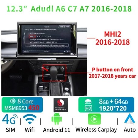 Radio Navegador Android para Audi A6, C7, A7 (12,3 pulgadas)